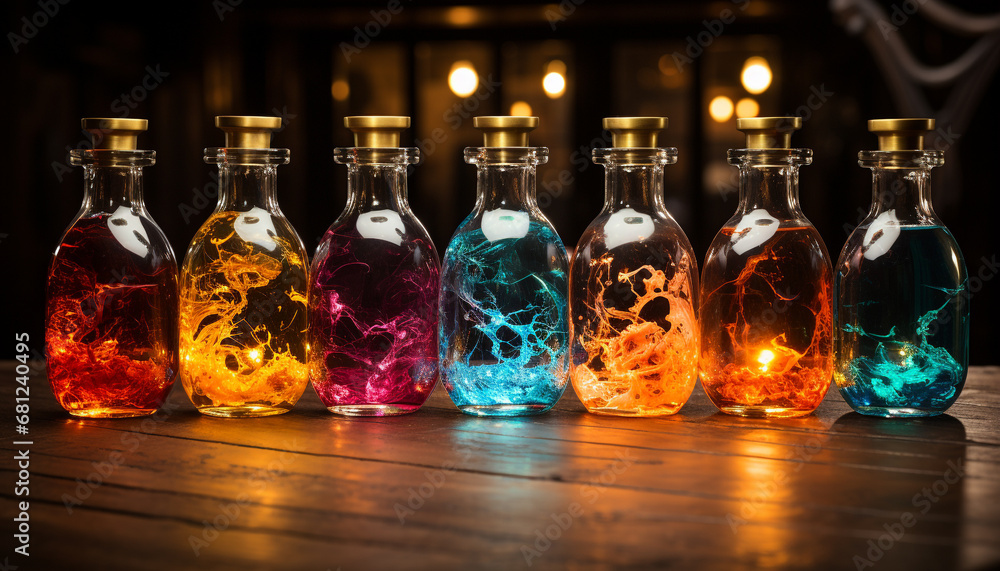 Multi colored glass bottles on wooden table, vibrant drink collection generated by AI