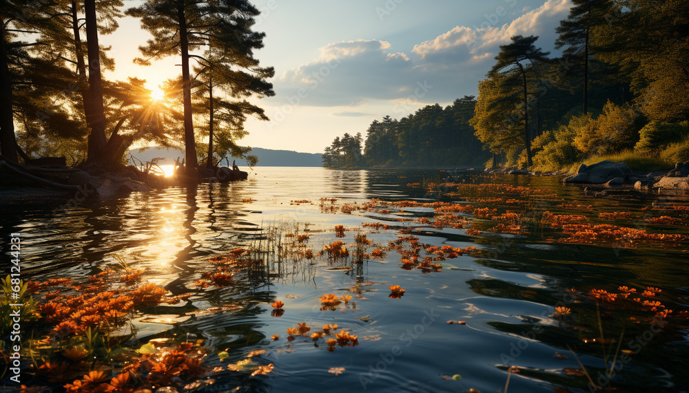 Tranquil sunset reflects vibrant autumn colors in serene forest generated by AI