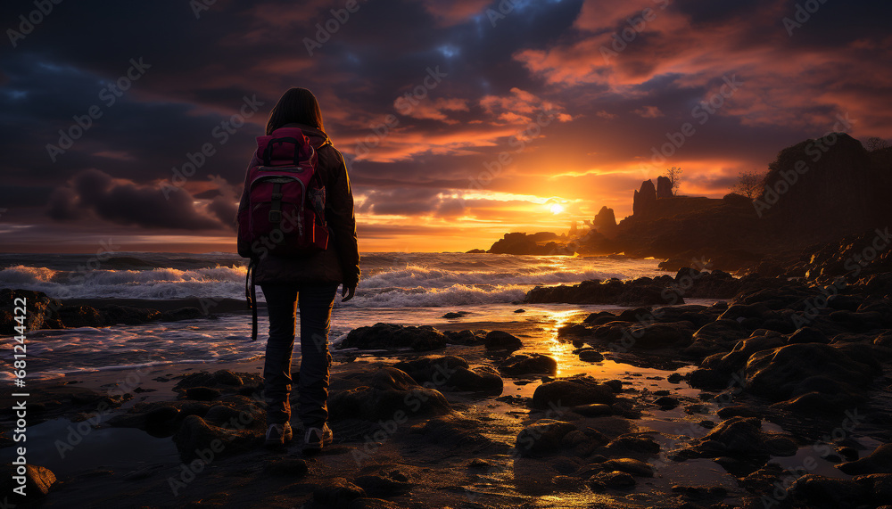 One person hiking, backpack on, exploring tranquil mountain landscape generated by AI