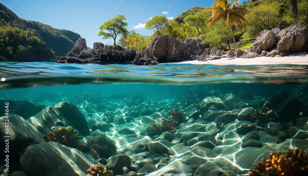 Underwater adventure fish swim in transparent blue tropical reef generated by AI