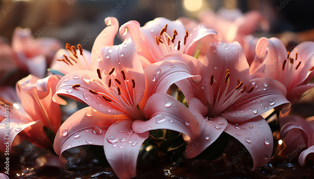 Freshness and beauty in nature a close up of a wet, pink flower generated by AI