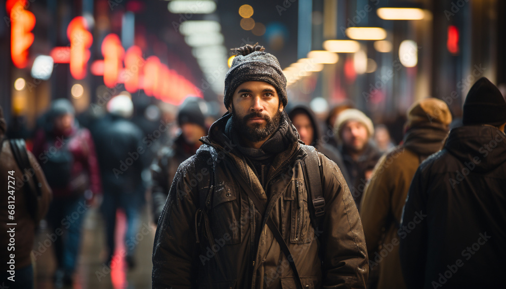 Young adults walking in a crowded city at night generated by AI