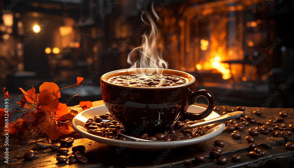 Hot coffee on wooden table, steam rising, cozy and comforting generated by AI