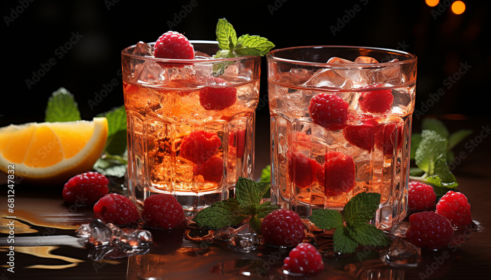 Fresh raspberry mojito, a sweet summer cocktail with mint leaf generated by AI