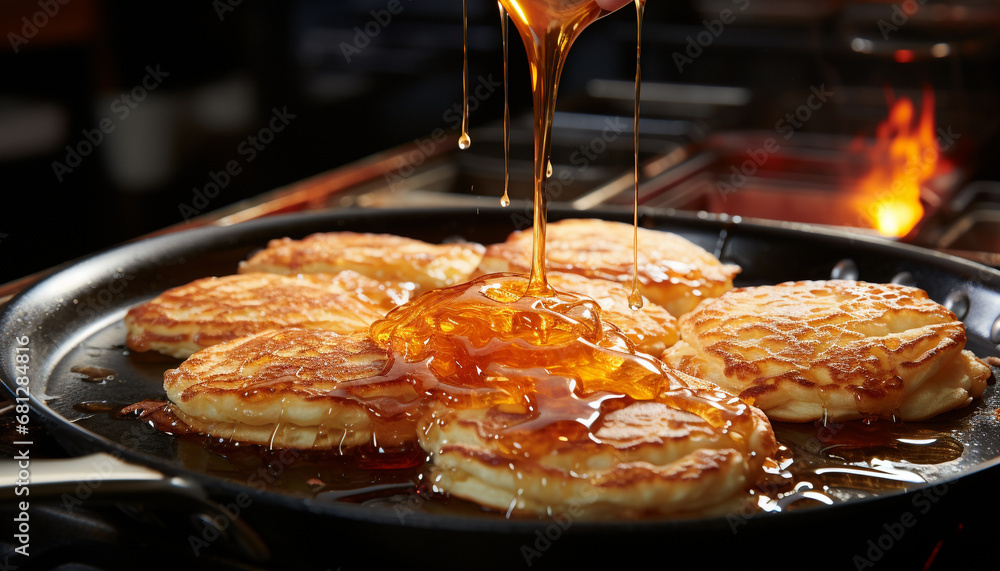 Grilled pancake, sweet syrup pouring, homemade gourmet dessert generated by AI