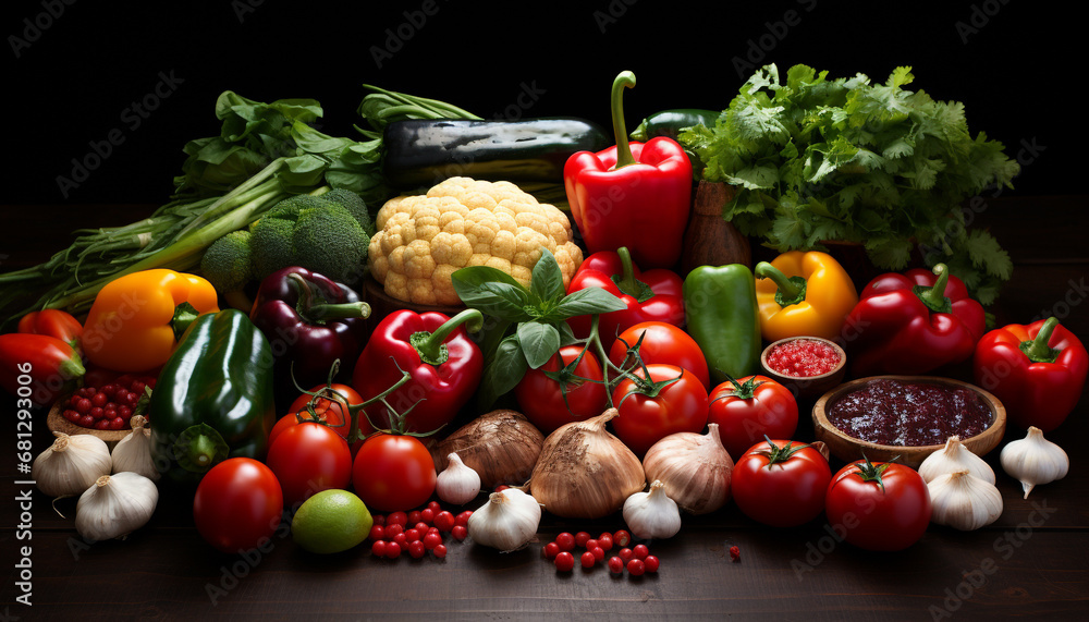 Fresh vegetables on wooden table, healthy eating with organic ingredients generated by AI