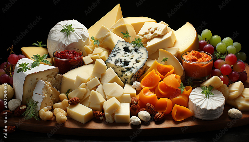 Gourmet cheese variations on wooden tray, fresh and healthy generated by AI