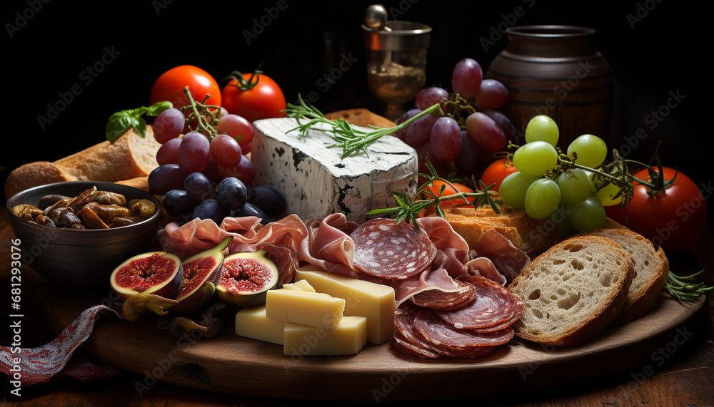 Rustic table with gourmet appetizers bread, cheese, meat, and wine generated by AI