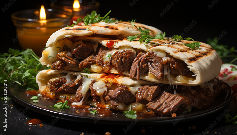 Grilled beef steak on plate, ready to eat with salad generated by AI