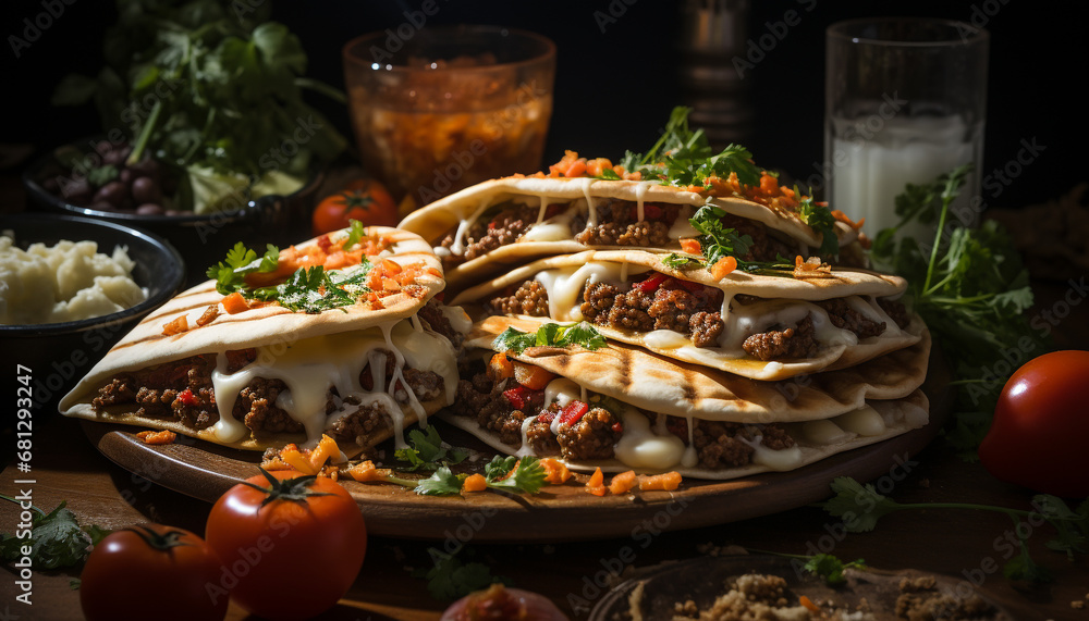 Grilled beef taco with fresh guacamole on rustic flatbread generated by AI