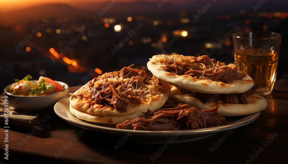 Grilled meat on wooden plate, sunset backdrop, refreshing homemade beer generated by AI