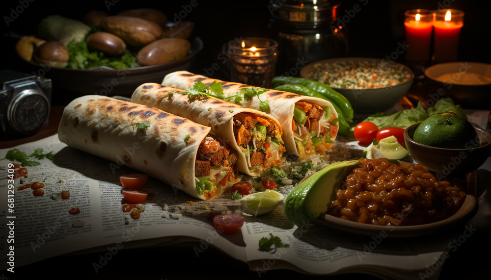 Grilled beef taco with guacamole, tomato, and cilantro generated by AI