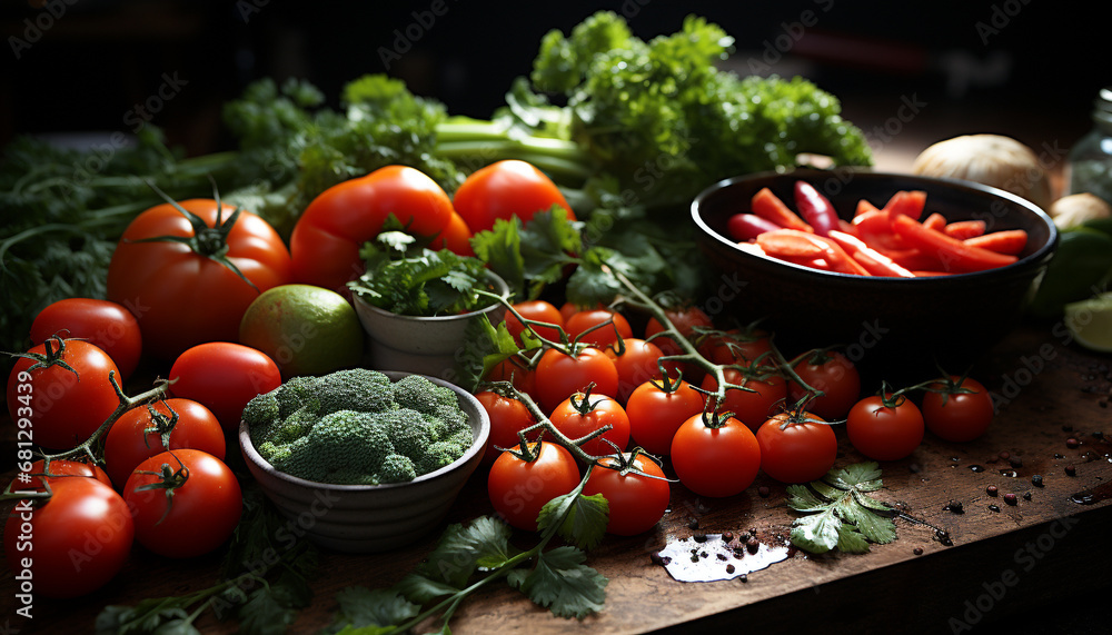 Fresh, healthy salad tomato, vegetable, organic, vegetarian, nature, cooking, table generated by AI