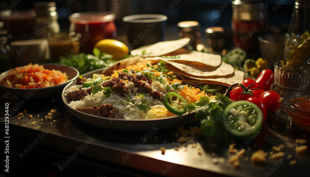 Freshly cooked gourmet taco with grilled beef, guacamole, and cilantro generated by AI