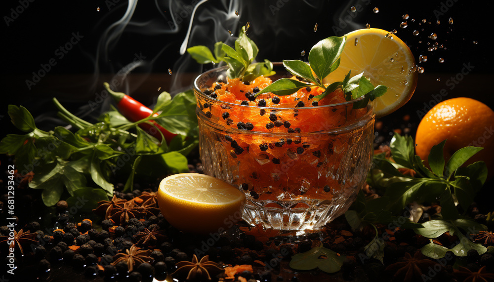 Freshness of citrus fruit on wooden table, healthy summer drink generated by AI