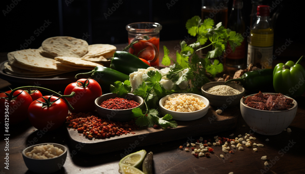 Fresh tomato, vegetable, and herb salad on rustic wooden table generated by AI