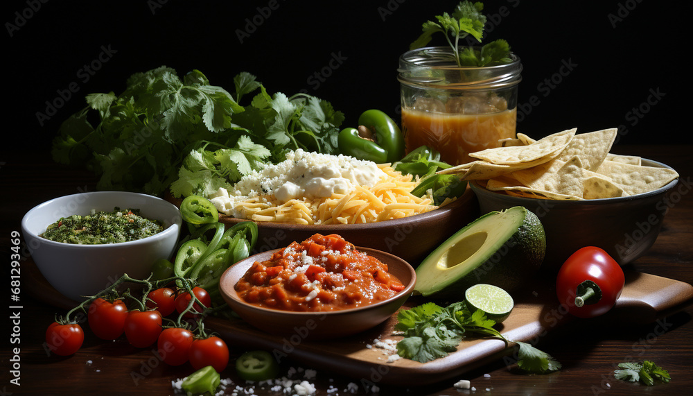 Freshness on a wooden table healthy salad, gourmet avocado dip generated by AI