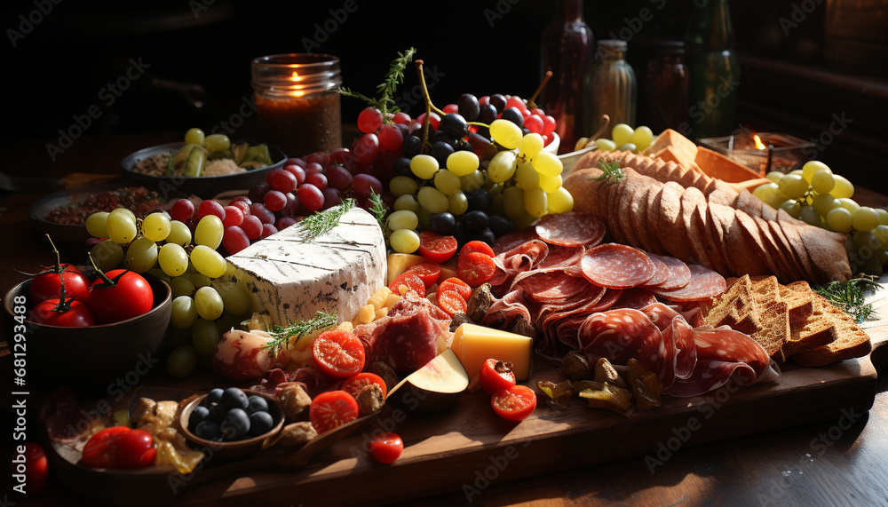 A rustic picnic table with a variety of gourmet food generated by AI