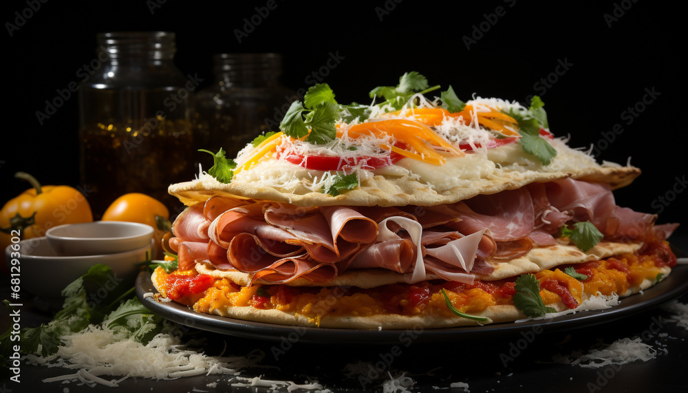 Freshness on a plate grilled meat, tomato, and vegetable sandwich generated by AI