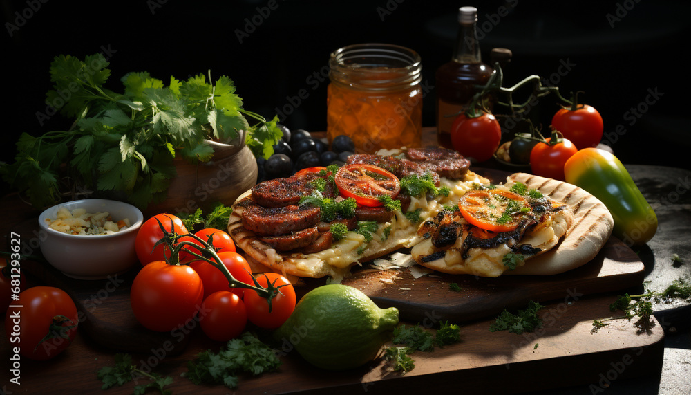 Grilled meat and vegetables on rustic wood table generated by AI