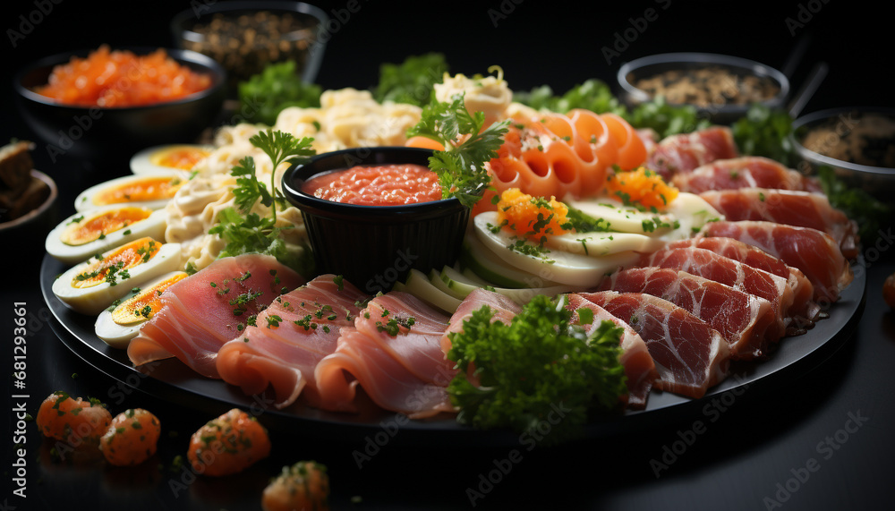 Freshness and variety on a rustic wooden plate, ready to eat generated by AI