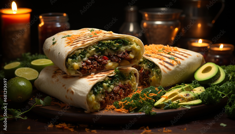 Grilled beef taco with guacamole, cilantro, and fresh tomato generated by AI