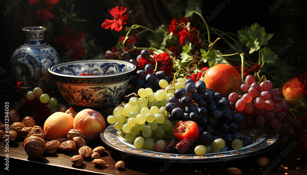 Fresh fruit bowl on wooden table, nature healthy decoration generated by AI