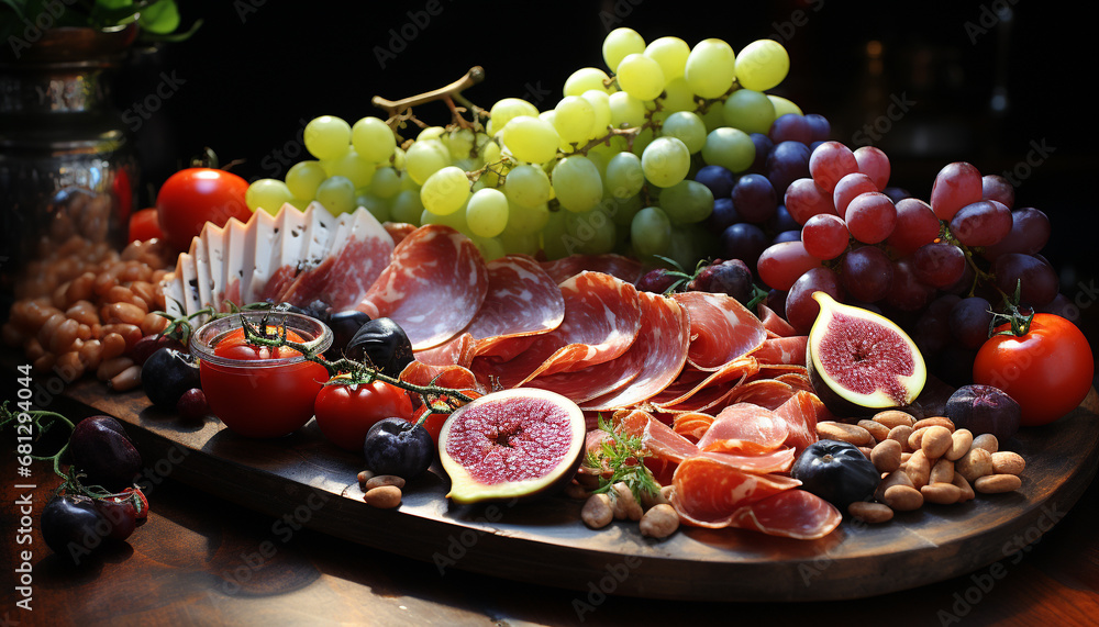 Freshness on a wooden table grape, meat, fruit, tomato, prosciutto generated by AI