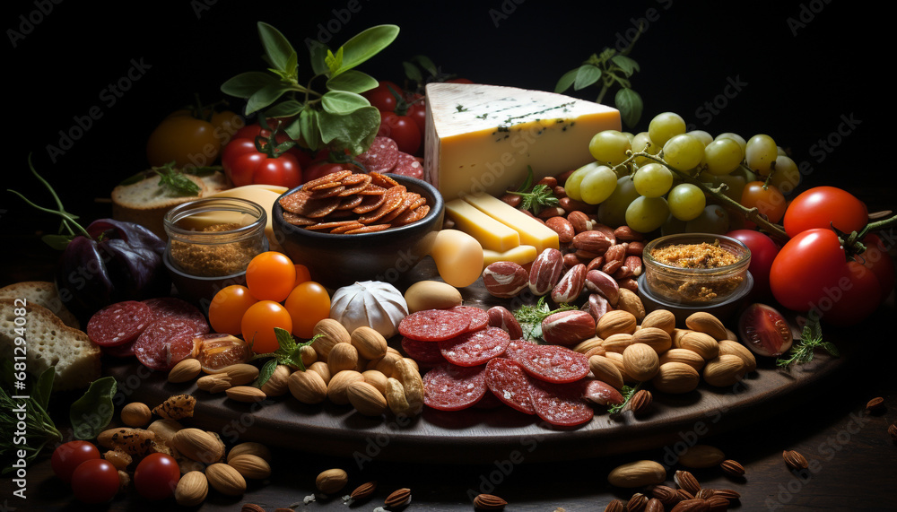 Freshness and variety on a rustic wooden table gourmet appetizers generated by AI