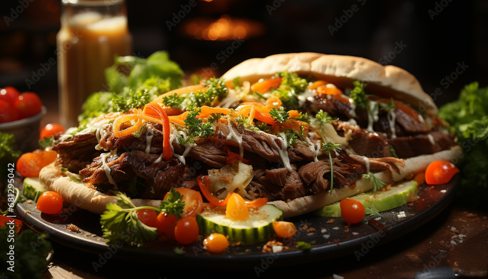 Grilled steak, fresh vegetables, and homemade sauce on a plate generated by AI