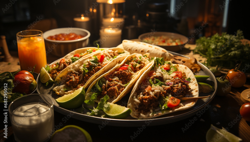 Grilled meat on tortilla, topped with guacamole and cilantro generated by AI