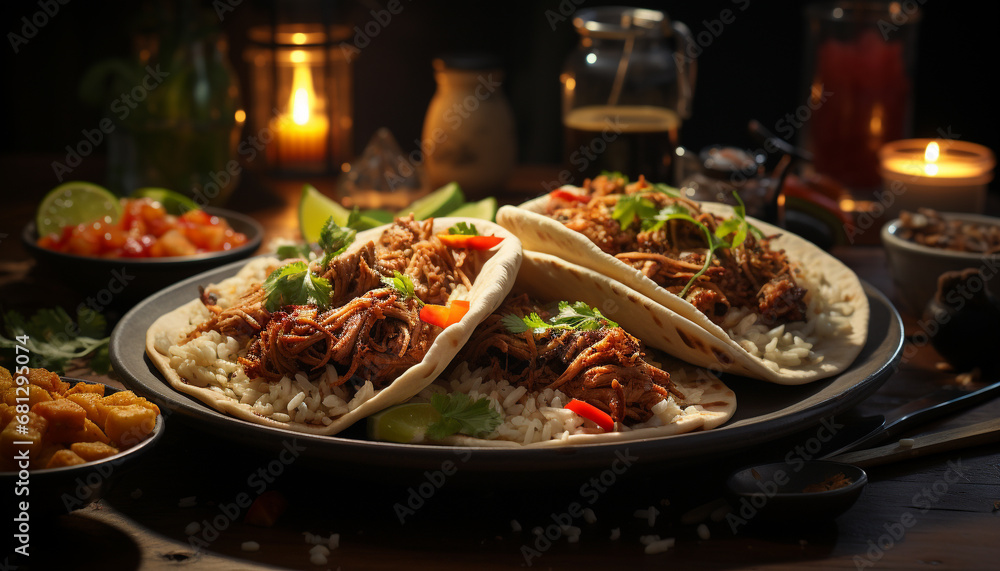 Grilled beef taco on a rustic wooden plate, ready to eat generated by AI