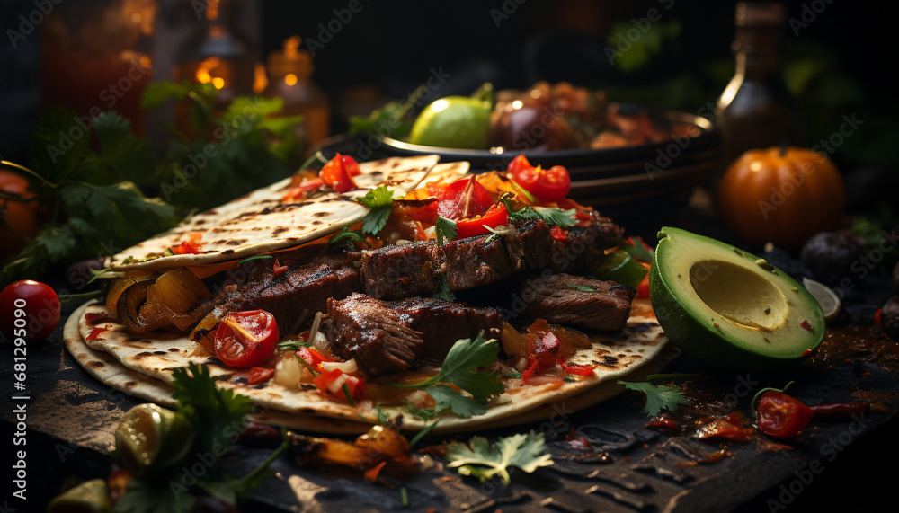 Grilled beef steak on wood, with fresh tomato and salad generated by AI