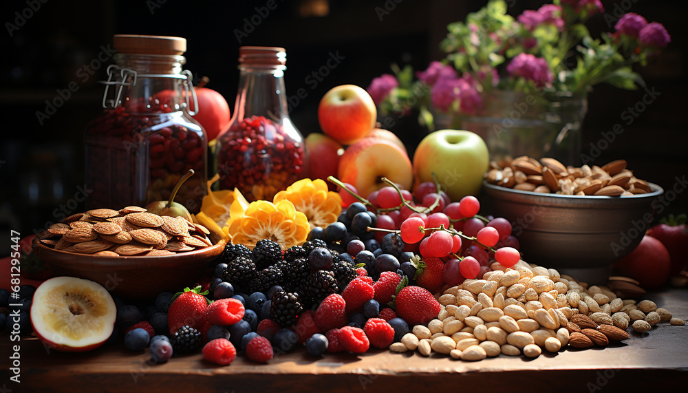 Fresh, healthy fruit bowl apple, blueberry, strawberry, raspberry, almond generated by AI