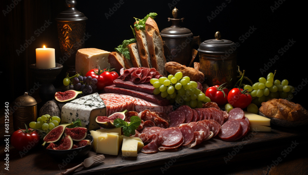 Freshness and variety on a rustic wood table gourmet delicatessen generated by AI