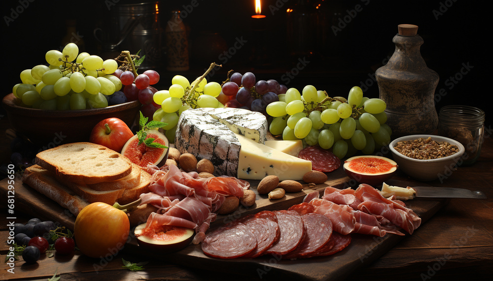 Freshness on a rustic table grape, bread, meat, wood generated by AI