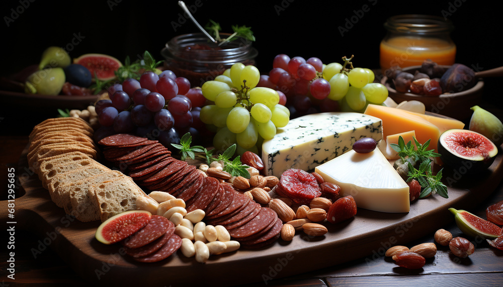 A gourmet buffet fresh fruit, bread, meat, cheese, and wine generated by AI