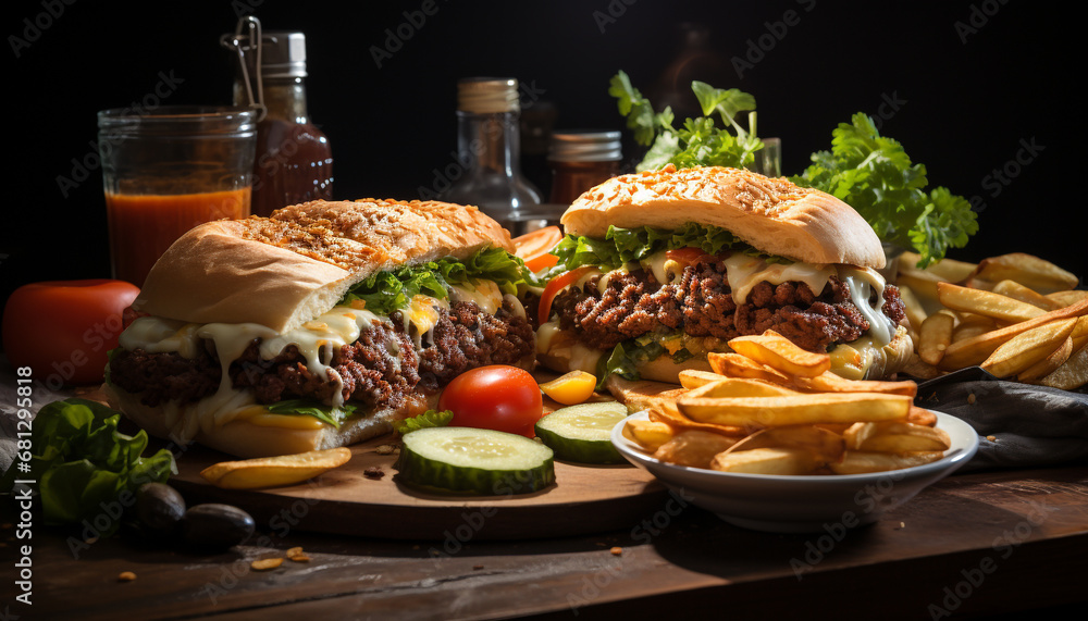 Grilled burger with fries, cheese, and fresh vegetables on bun generated by AI