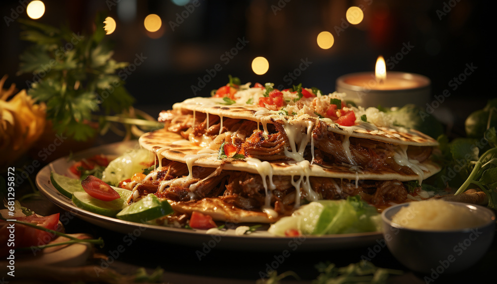 Grilled beef taco, fresh vegetables, homemade guacamole, gourmet celebration generated by AI