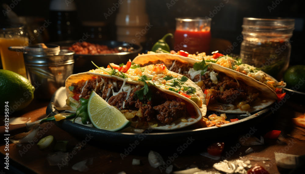 Grilled beef taco with guacamole, cilantro, and fresh tomato generated by AI