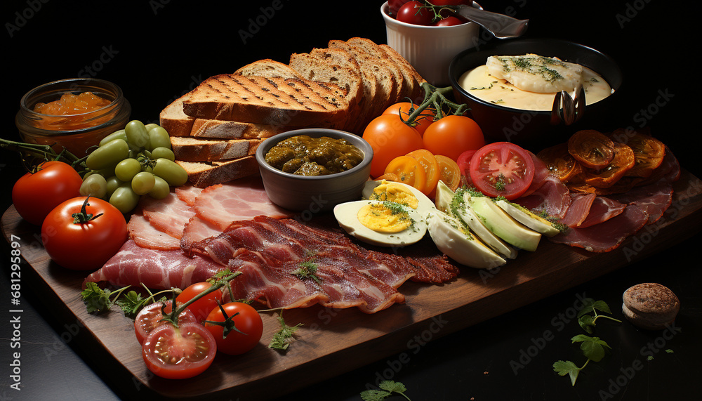 Freshness on wood table gourmet meal, prosciutto, pork slice generated by AI