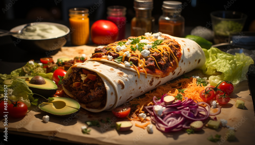 Freshness on a plate Mexican taco with grilled beef and guacamole generated by AI