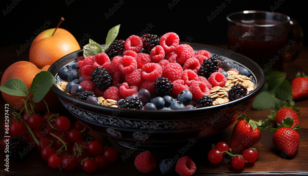 Freshness in a bowl gourmet, organic berries, healthy eating generated by AI