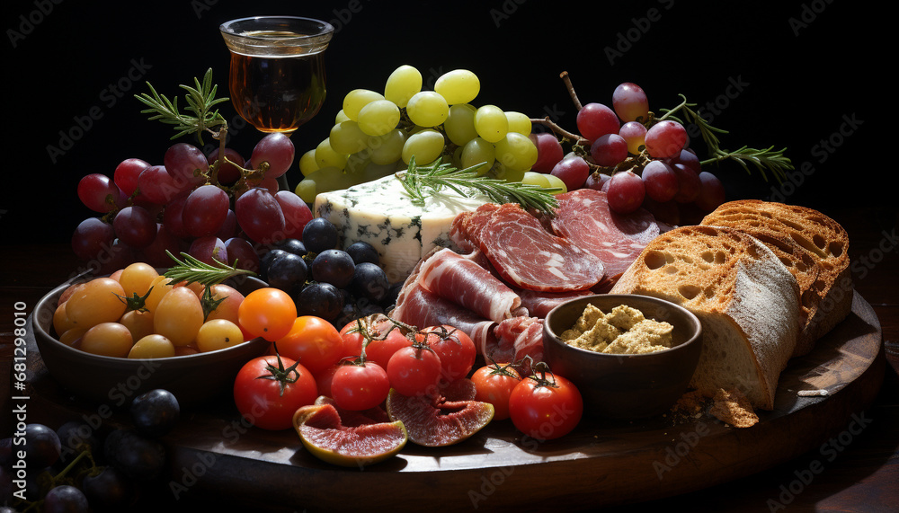 Freshness and variety on a rustic wooden table grape, bread, meat, tomato, cheese, and wine generated by AI