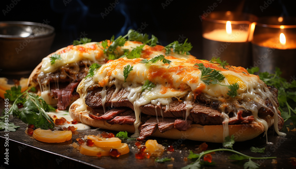 Grilled beef sandwich, fresh vegetables, homemade sauce, rustic meal generated by AI