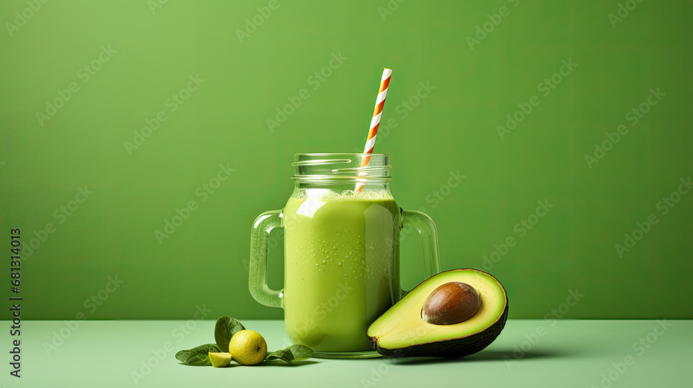 avocado juice jar with straw and avocado on table on green background