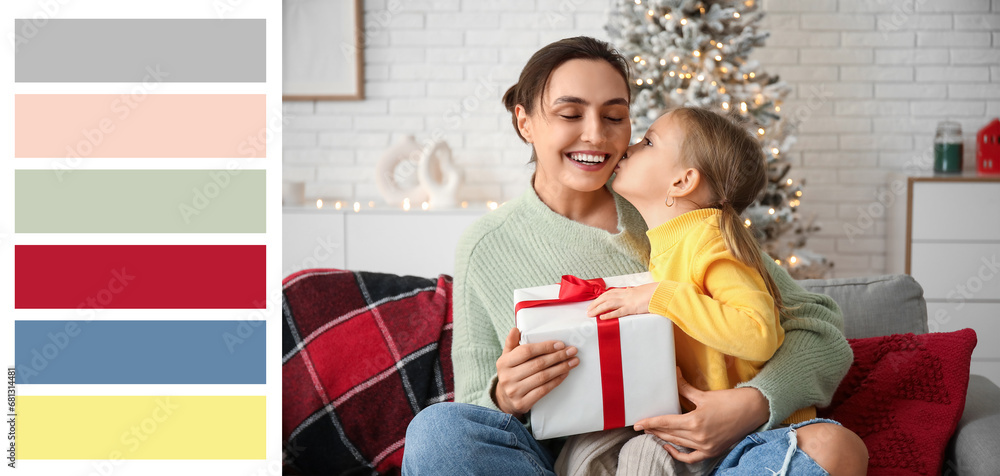 Happy mother with her little daughter and Christmas gift at home