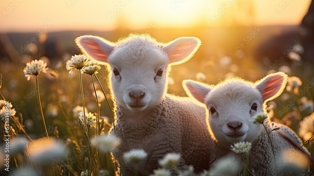  little lambs with sheep on fresh green meadow during sunrise Newborn lambs in flower field,  summer landscape