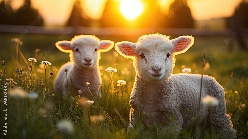  little lambs with sheep on fresh green meadow during sunrise Newborn lambs in flower field,  summer landscape