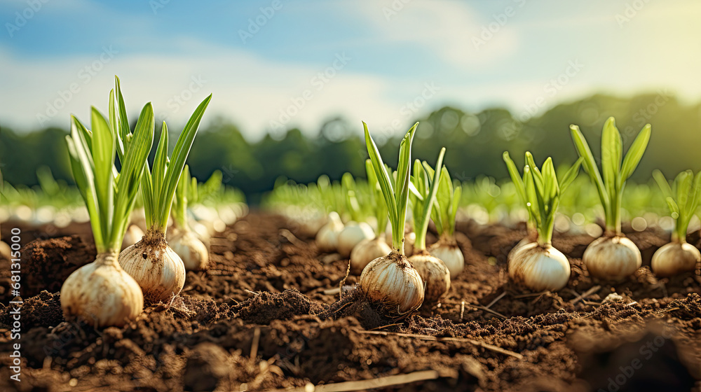 Cultivated garlic field, earth day concept, plant in the ground, green world, garlic and onion